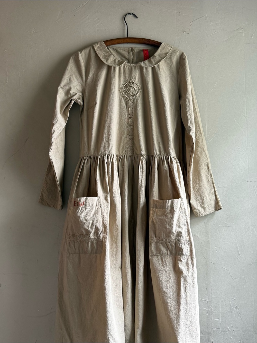 Cream Long-Sleeve Pocket Dress with Embroidered Detail